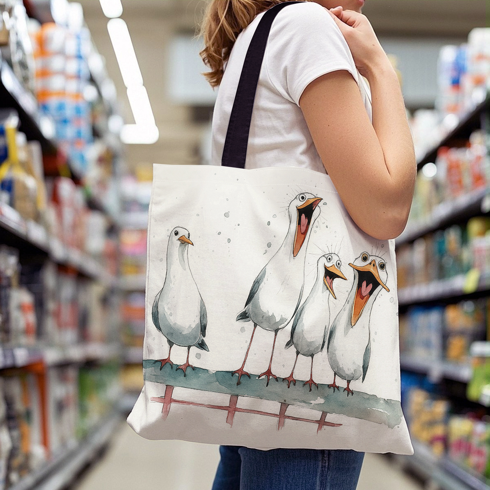 E-shop Retro Möwen-Druck Tragetasche - Niedliche Möwen & Möwen auf einer Tasche, faltbare Strandtasche mit Trageriemen, lässige Handtasche geeignet für