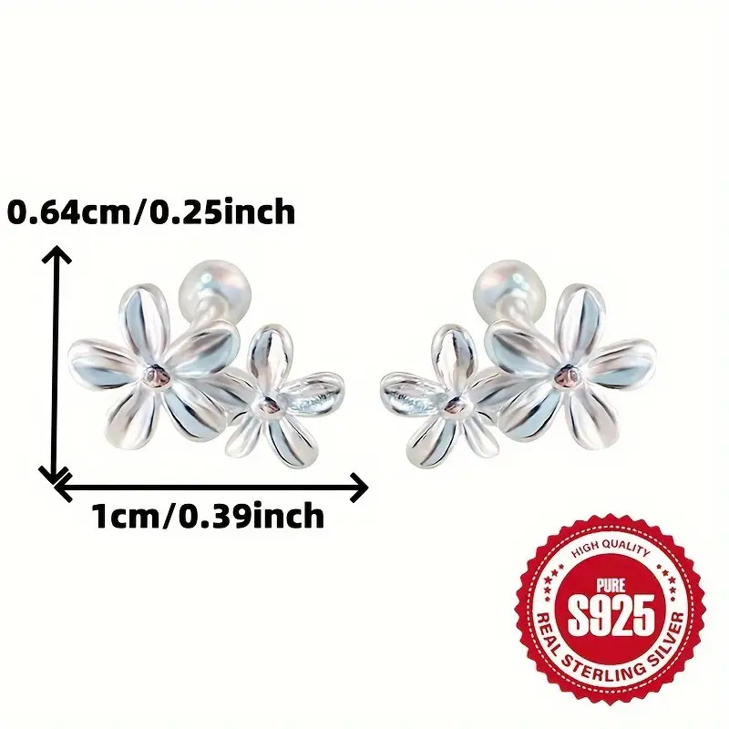 a pair of ladies double flower screw earrings 925 sterling silver cute and preppy style hypoallergenic ideal for daily and gift occasions Product details 3