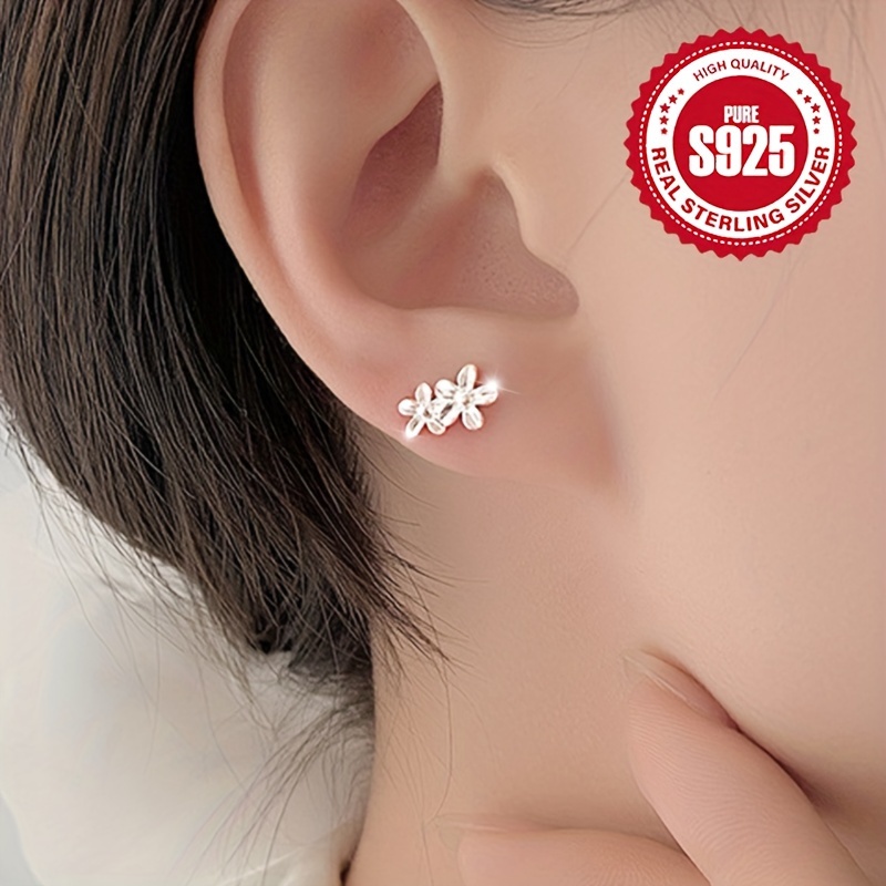 a pair of ladies double flower screw earrings 925 sterling silver cute and preppy style hypoallergenic ideal for daily and gift occasions Product details 4
