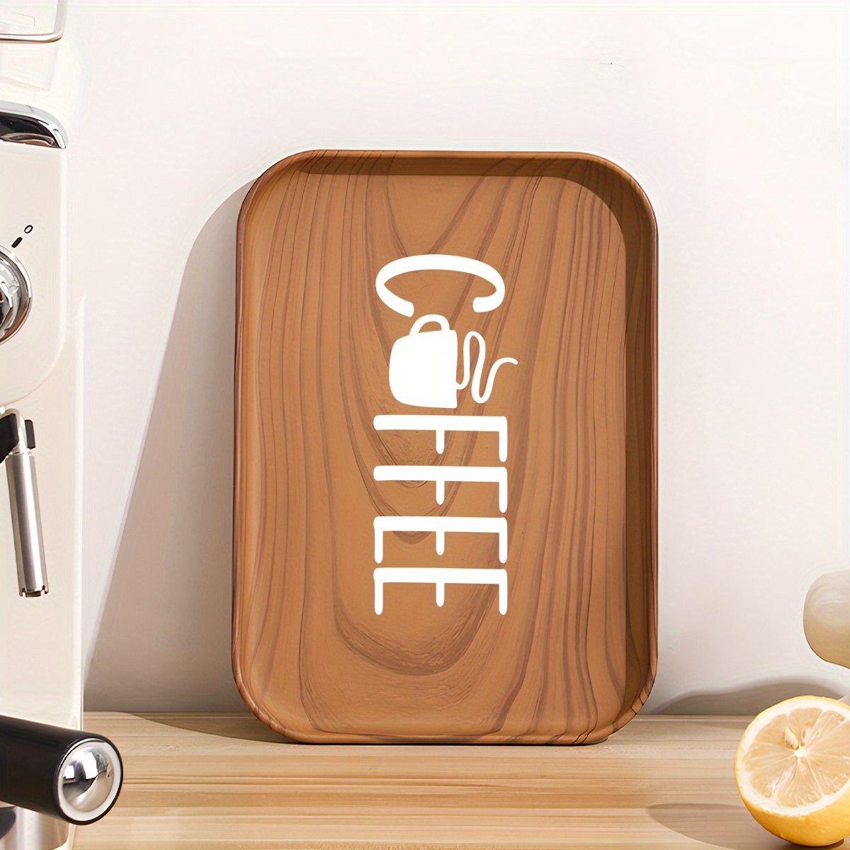 a single   plastic tray featuring a coffee theme this versatile and sturdy tray serves as a decorative piece for kitchen counters or homes ideal for use in   hotels cafes