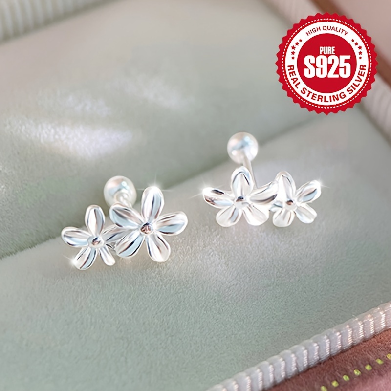 a pair of ladies double flower screw earrings 925 sterling silver cute and preppy style hypoallergenic ideal for daily and gift occasions Product details 1