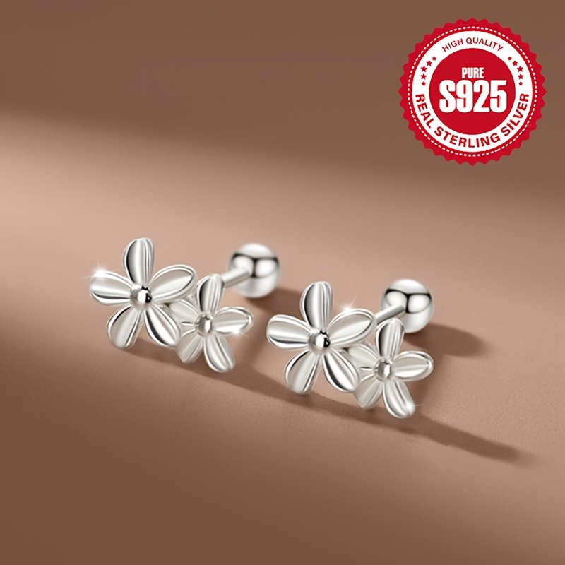 a pair of ladies double flower screw earrings 925 sterling silver cute and preppy style hypoallergenic ideal for daily and gift occasions Product details 2