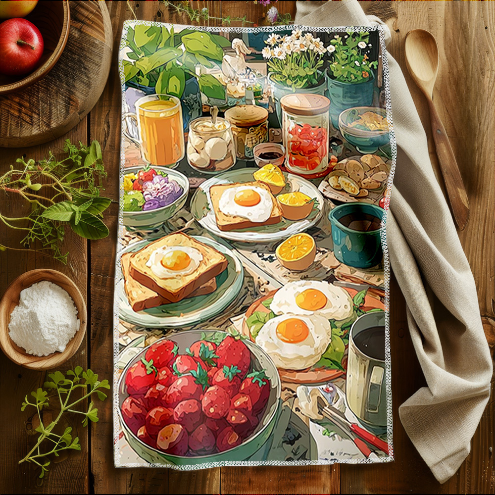 TEMU Dish Scouring Pads [jit] Kitchen Towels, Hand Towels Dishcloths, 2pcs, The Table Is Filled With Food And Drinks Microfiber, Moisture-absorbent,