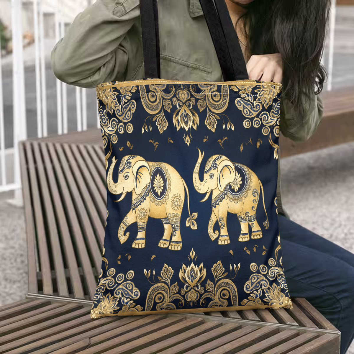 TEMU 1pc Double-sided Printing Decorative Tote Bag With Elephant And Design, Shopping, Sturdy Handle And Geometric , Daily Use And As A Gift For