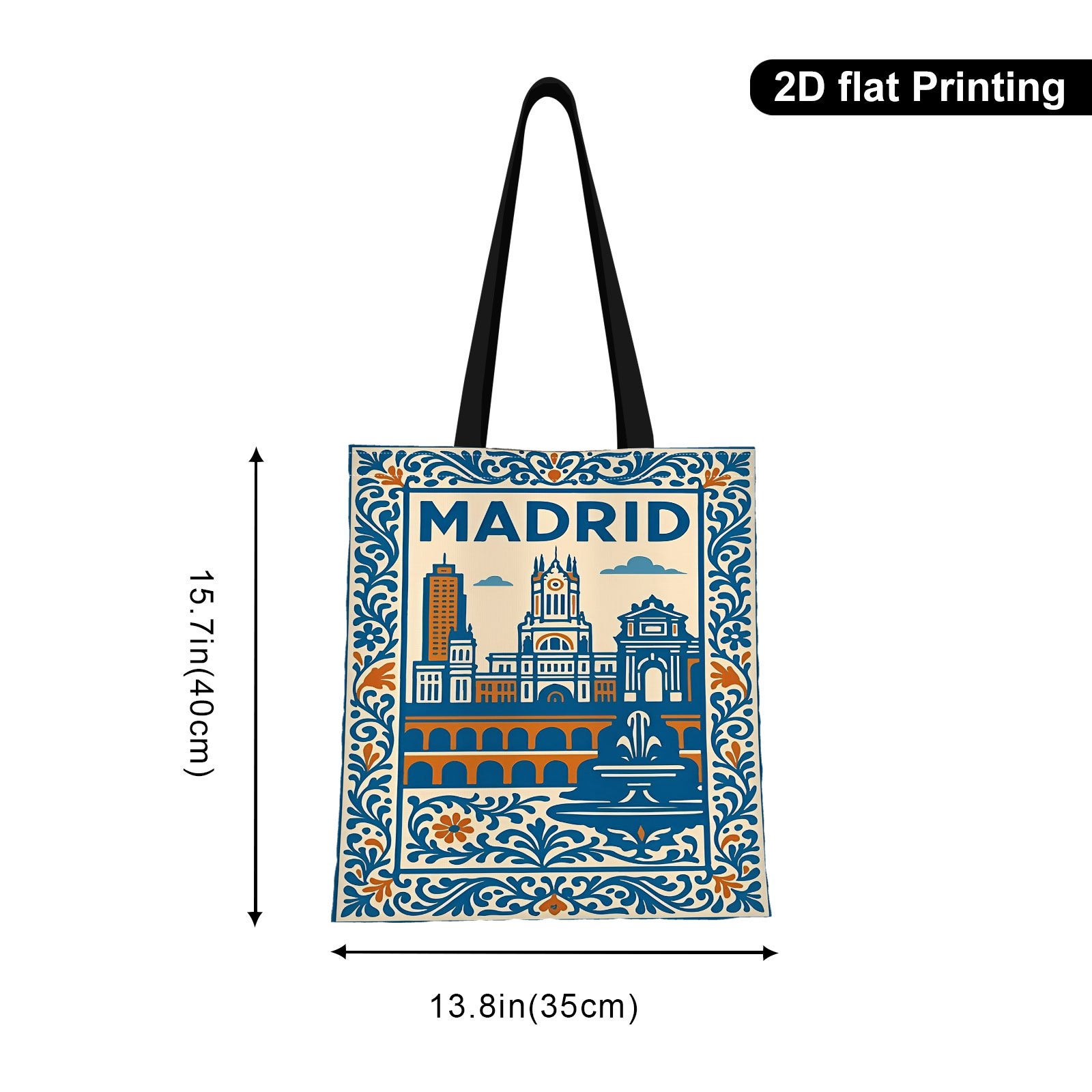 TEMU 1 ud. Madrid, Paisaje , Bolso Tote con Impresión de Decorativo, Bolso Tote Casual, Diseño Adorable | Asa Resistente, Reuniones Familiares,