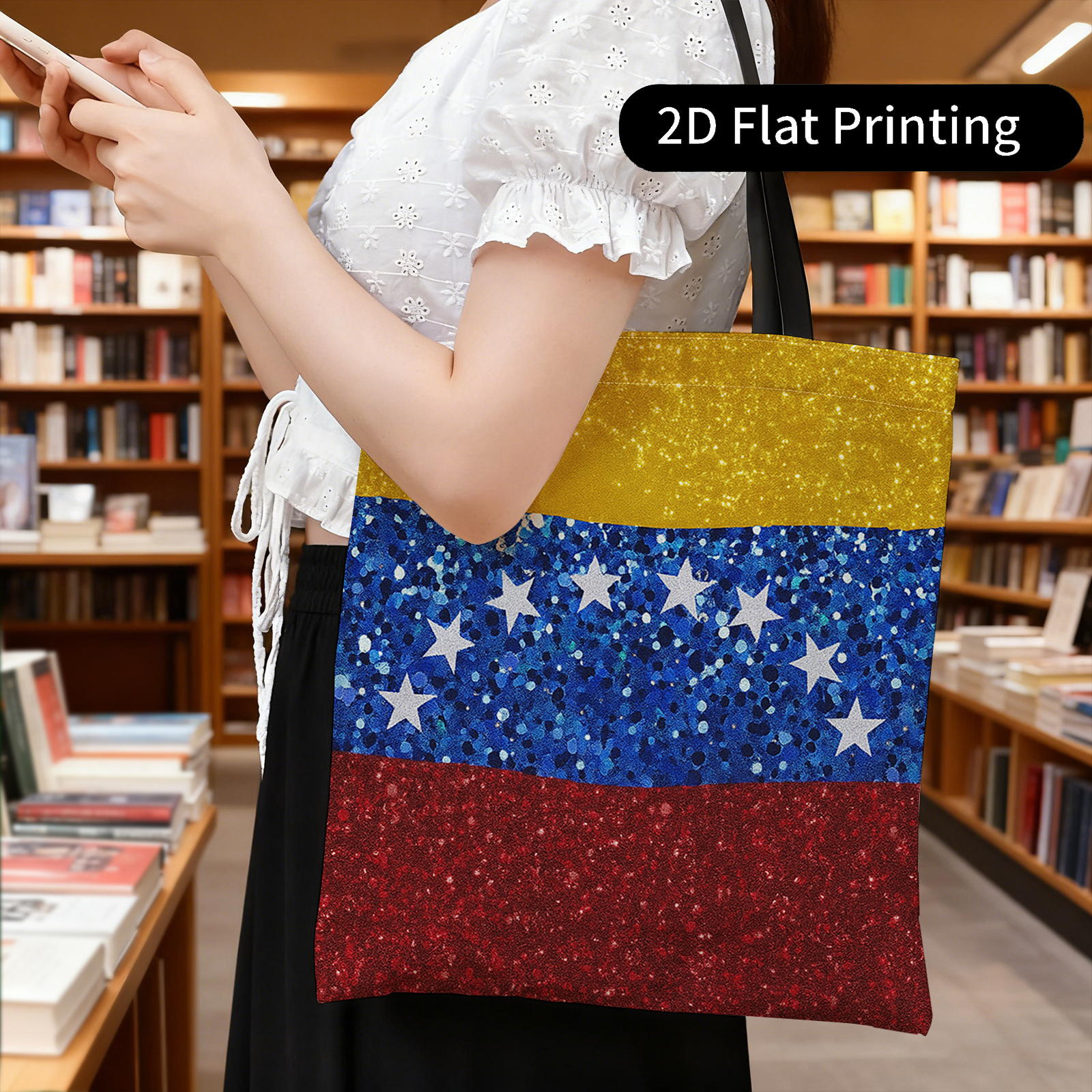 TEMU Bolso de de 1 pieza con estampado de cara + de Venezuela, con , , azul y , bolsa de compras portátil, bolsa de almacenamiento, bolso de , bolso