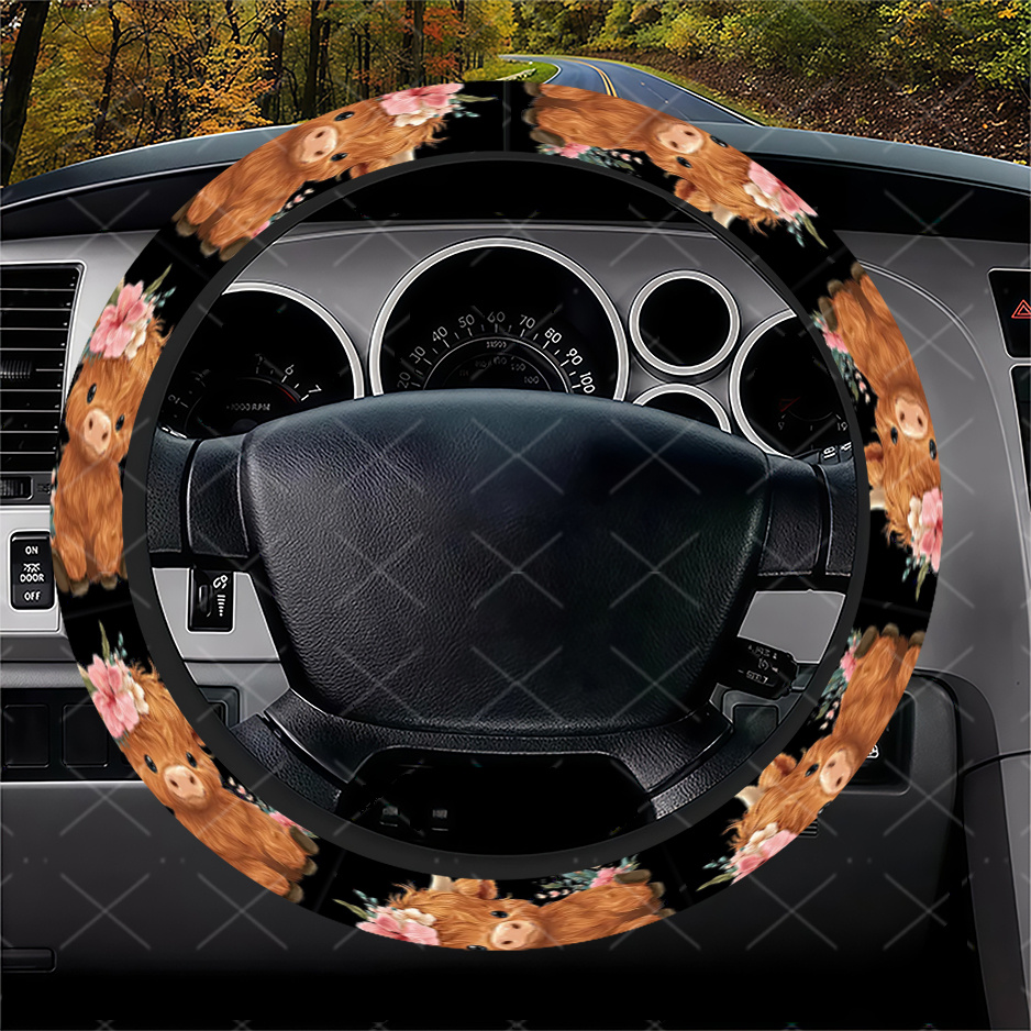 TEMU Fit Anti-slip Steering Wheel Cover Suitable For Cars & Suvs - Cute Highland Cow With Scottish Cow Pattern, Removable Protective Wheel Cover,