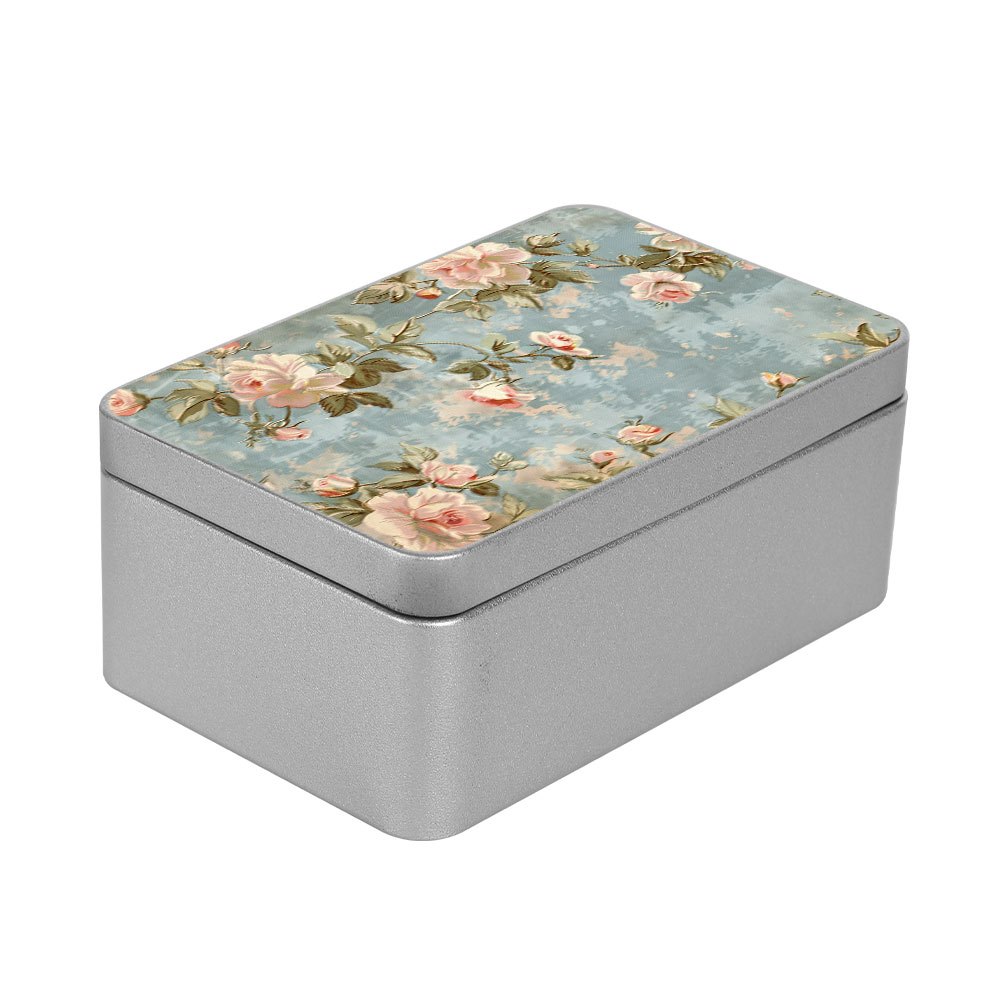 TEMU 1pc Vintage Floral Iron Storage Box With Rustic-chic Card Holder - Durable Metal Organizer For Desk, Bedroom, Office - Decorative Flower Box For