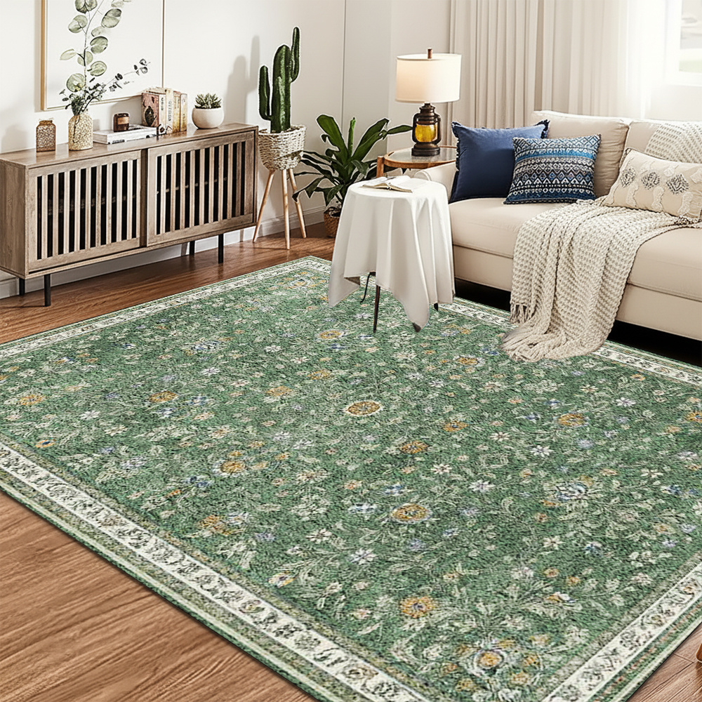 item picture 1pc velvet carpet soft decorative bedside rug with non slip green floral pattern classic european style exquisite border design traditional floor covering for living room foldable easy to clean lightweight   indoor entryway