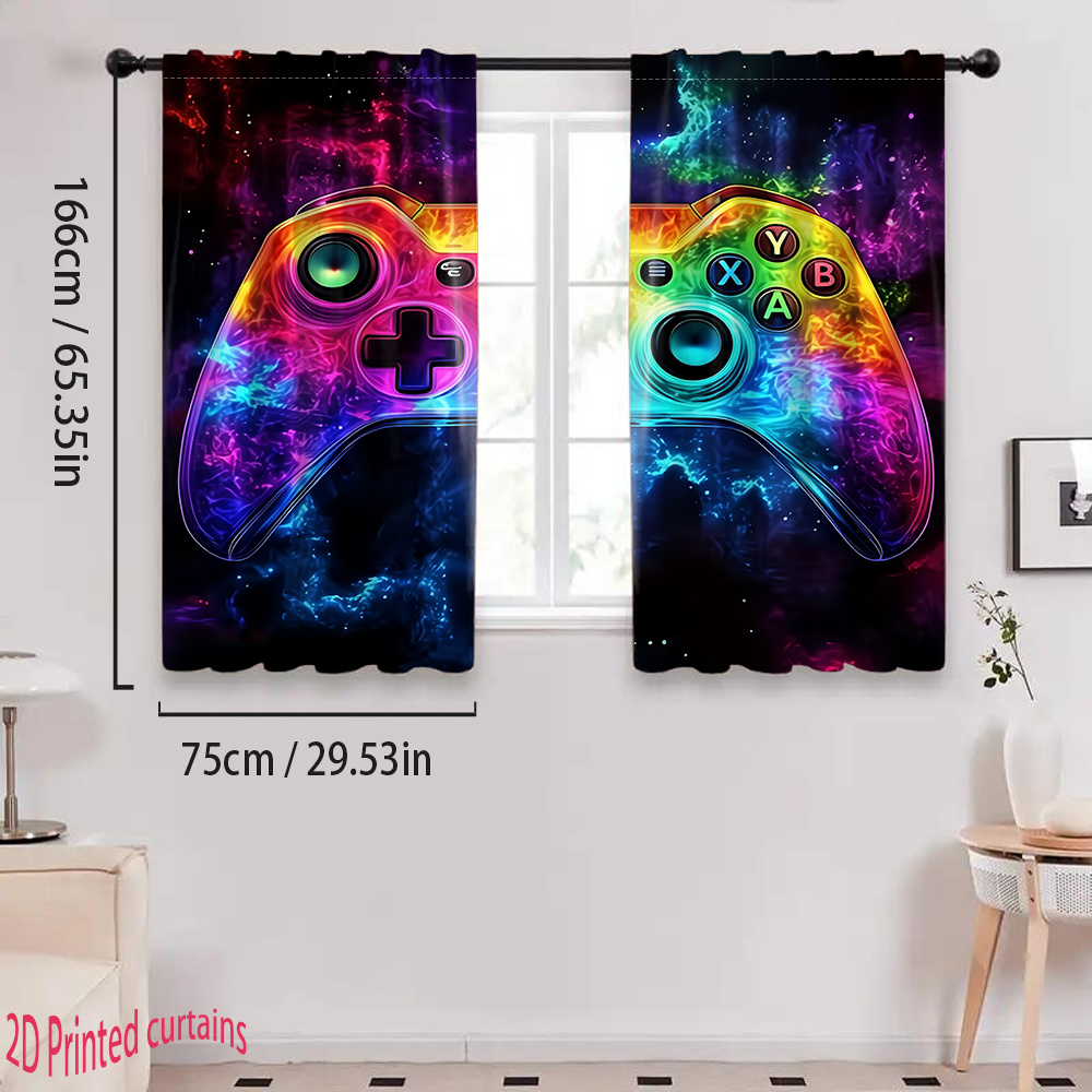TEMU 2d Flat, 2d Printed 2pcs Colorful Game Controller Pattern Decorative Curtains, Suitable For Bedroom, Living Room, Office, And Home Decor, Rod ,