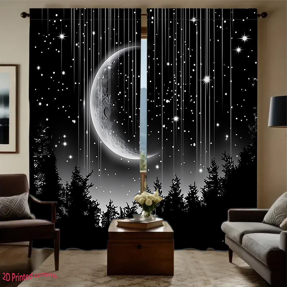 TEMU 2pcs Curtains Featuring A Starry Sky And Forest Scene, Suitable For Bedrooms, Living Rooms, Offices, And Home Decor