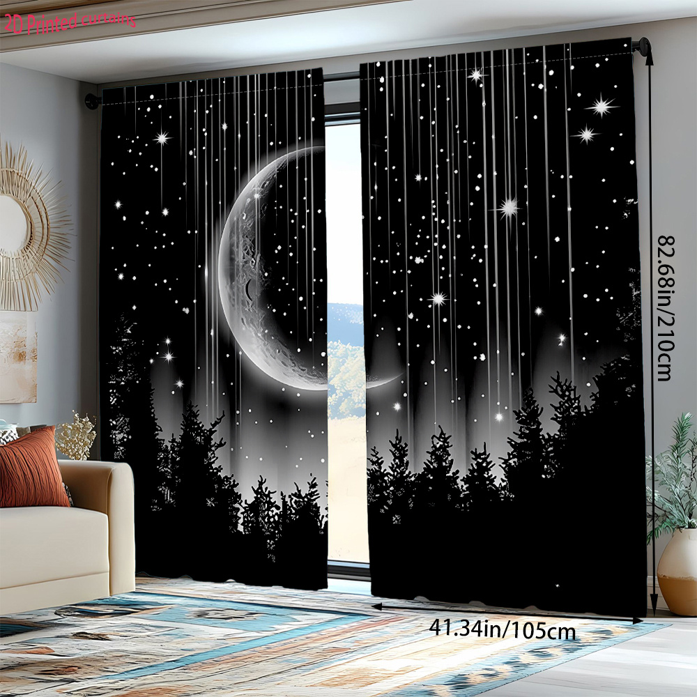 TEMU 2pcs Curtains Featuring A Starry Sky And Forest Scene, Suitable For Bedrooms, Living Rooms, Offices, And Home Decor