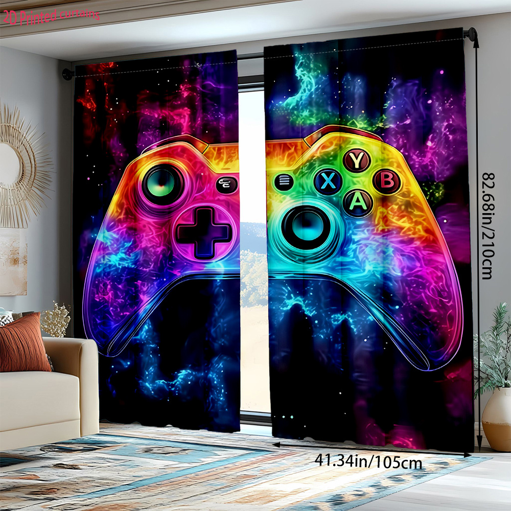 TEMU 2d Flat, 2d Printed 2pcs Colorful Game Controller Pattern Decorative Curtains, Suitable For Bedroom, Living Room, Office, And Home Decor, Rod ,
