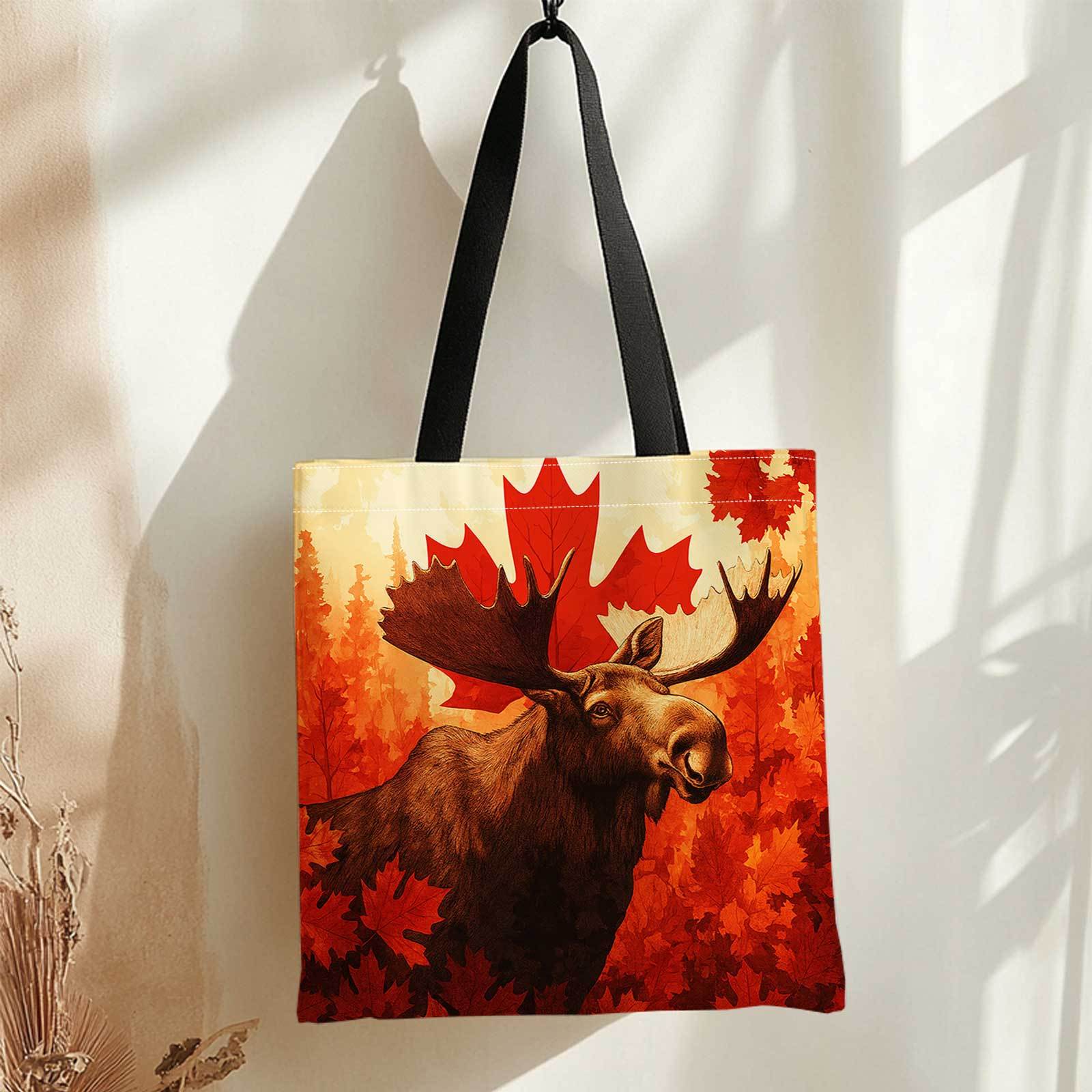 TEMU Sac de courses imprimé + Élan, feuilles d'érable, d'automne, illustration. Léger, pliable, réutilisable, sac d'épaule pour voyage, camping et