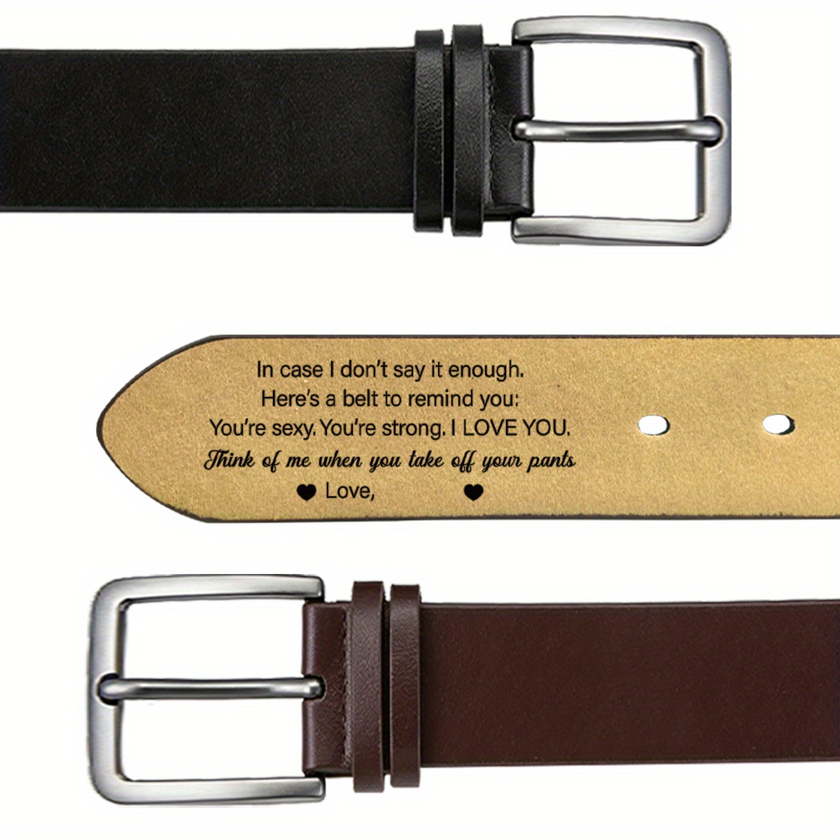 TEMU Personalized Brown/black Business Belt | Engraved Faux Leather Belt With Square Ferroalloy , Large Size, Non- Fabric, Ideal For Valentine's Day,