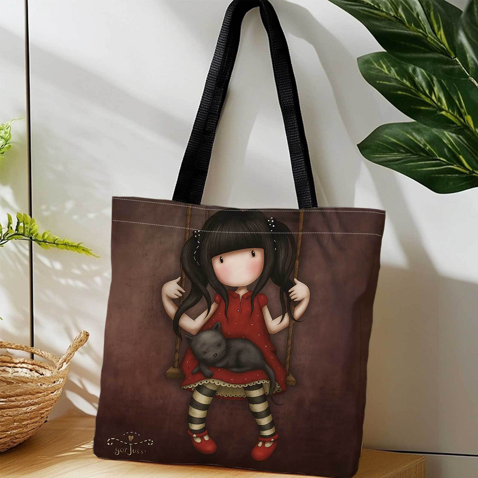 TEMU 1pc Double-sided Printing Printed Shopping Tote Bag + Swing + Black Cat + Red Dress + Lightweight Foldable Reusable Shoulder And Back Storage