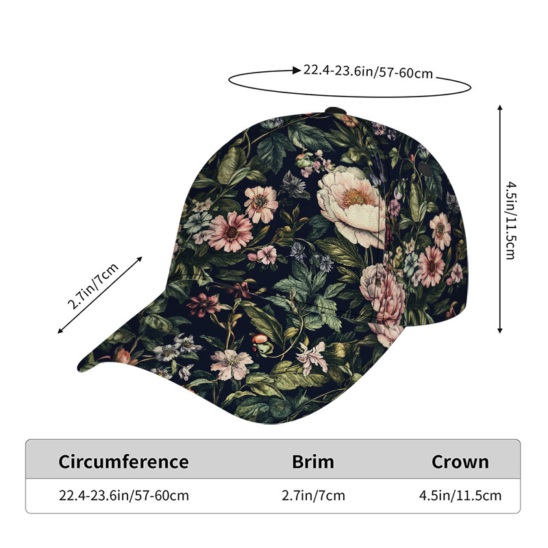 TEMU 1pc Floral On Dark Background Print Classic Baseball Cap - Adjustable Duckbill Hat, Ideal For Daily Wear, Lightweight , Perfect For Group