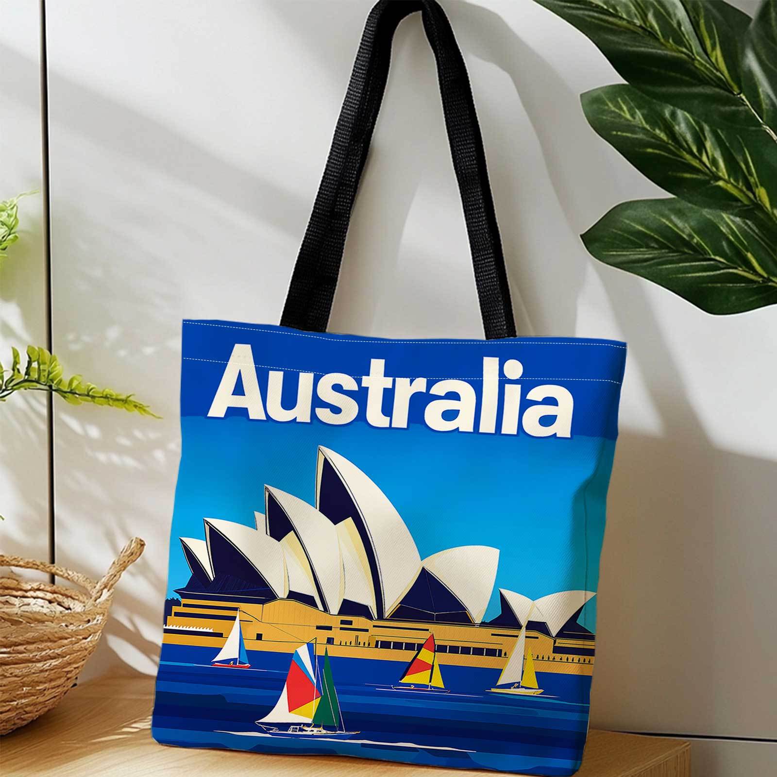 TEMU 1pc, Double-sided Printed Handbag Featuring The Sydney Opera House And Sailing Boats . This Lightweight, Foldable And Reusable Shoulder Bag Is