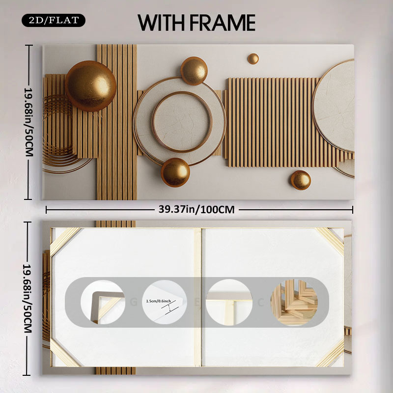 TEMU 1pc Large Modern Abstract Wall Art With Golden Sphere & Wood Circle Frame - Textured Canvas Panel Suitable For Living Room, Bedroom, Kitchen,