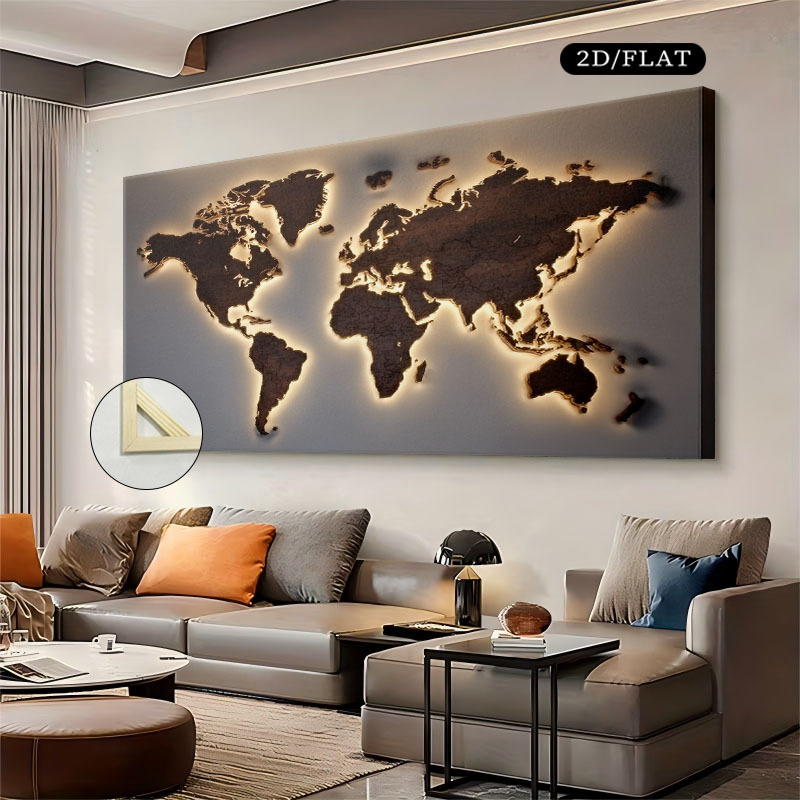 2d flat 1pc large world map wall art framed canvas poster modern illuminated suitable for living room bedroom office decor use realistic world map chart for home decoration gift contemporary with frame 2d flat