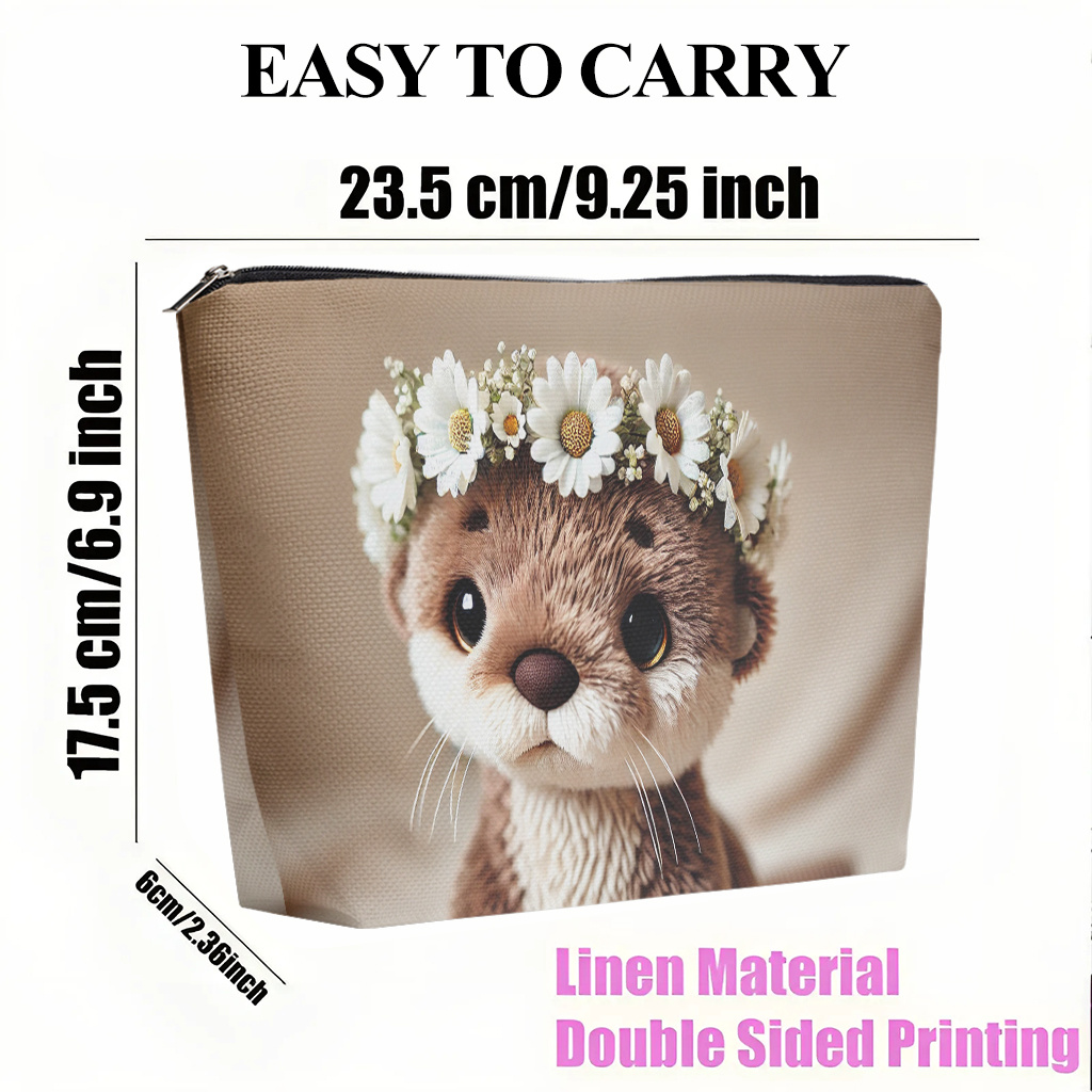 E-shop Make-up-Tasche ., niedlicher Otter mit Blumenkranz, Leinen-Kosmetiktasche für Damen, doppelseitiger Druck mit Reißverschluss, multifunktionaler