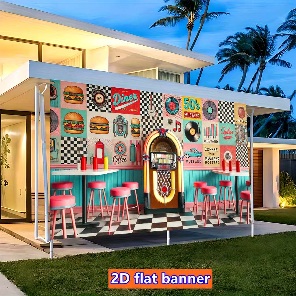 TEMU 2d Flat, 2d Flat - 2d Flat, 2d Flat - A 2d Flat Banner Background Cloth, Featuring A Vintage 1950s Diner Design, Suitable For Wall Decoration In