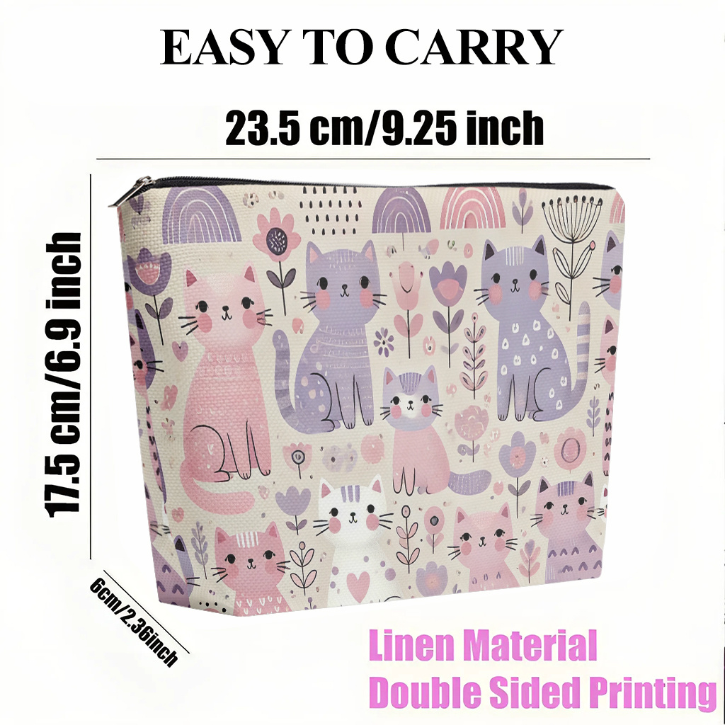 E-shop Für Make-up-Tasche ., Niedliche Katzen mit verschiedenen Blumen, Kosmetiktasche aus Leinen für Damen, doppelseitiger Druck mit Reißverschluss,