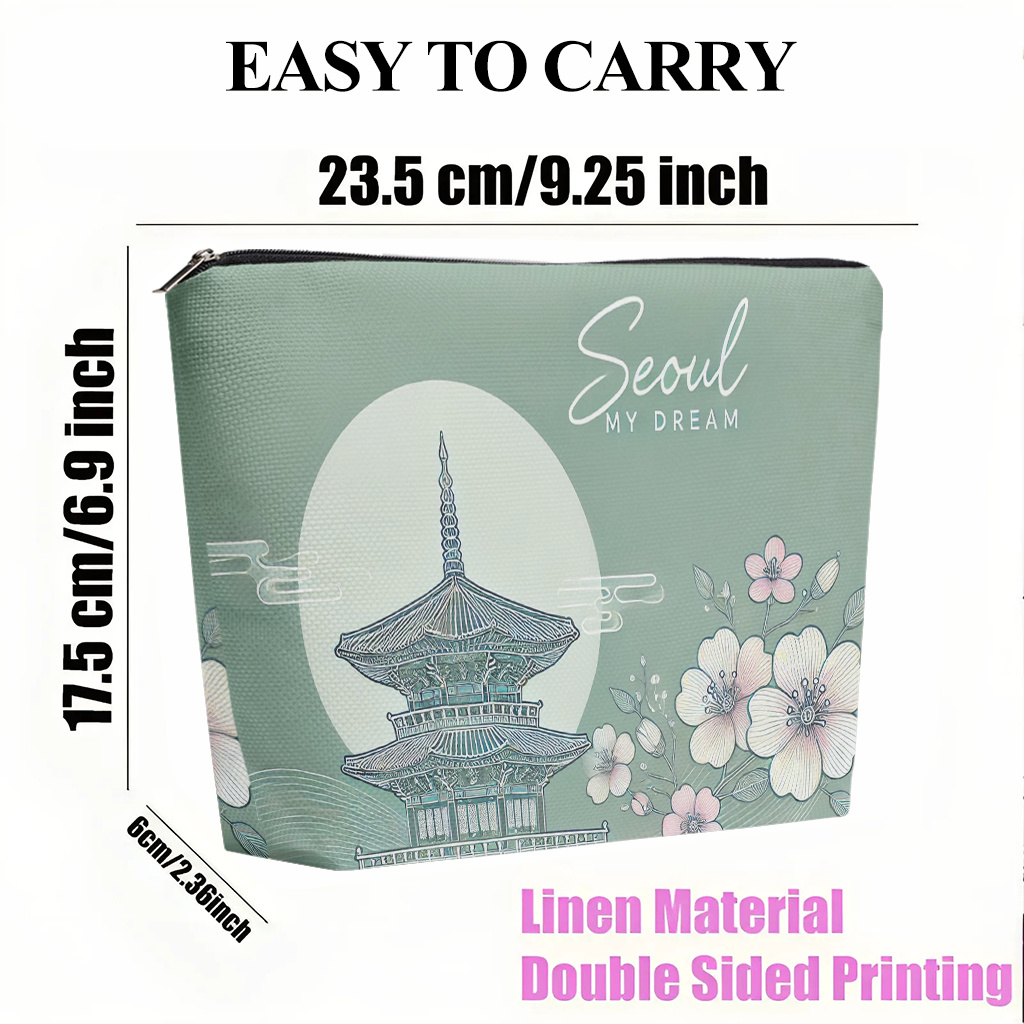 TEMU Borsa per trucco 1 pz, Borsa cosmetica da donna "Seoul 癡 dei ", Stampa fronte-retro con chiusura a cerniera, Organizzatore multifunzionale per