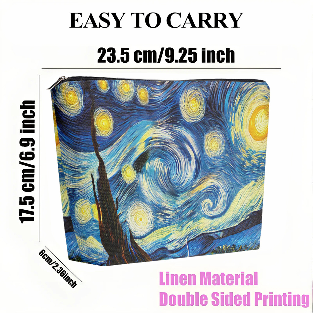 TEMU Makeup Bag 1pc, Van Starry Night Linen Cosmetic Bag For Women, Double-sided Print With Zipper Closure, Multi-functional Organizer For Makeup, Pencils, Travel Essentials - Ideal Gift For