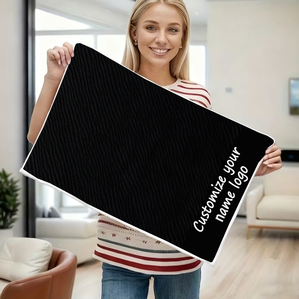 TEMU 2d Flat, 1pc, Black Fabric Theme Style Customizable Text Printing Towel, Personalized Name Custom Towel, 2d Flat Digital Printing , Essential