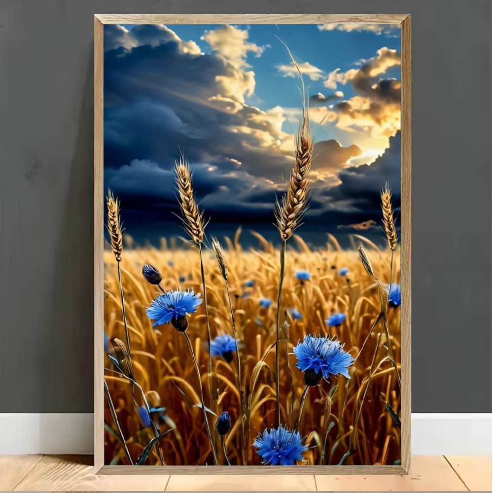 TEMU 2d Flat 2d One-piece Wheat Field With Blue Flowers Modern Art-style Decorative Painting | Hd, Rich , Soft In Tone, Suitable For Bedroom, Living