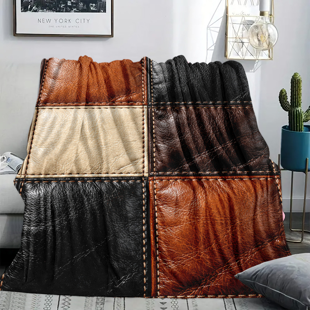 TEMU 1 Decke, Leder-Patchwork-Textur, bedrucktes Tagesdeckchen, Schaldecke, Kuscheldecke, bequeme und weiche Plüschdecke, warm und leicht, geeignet