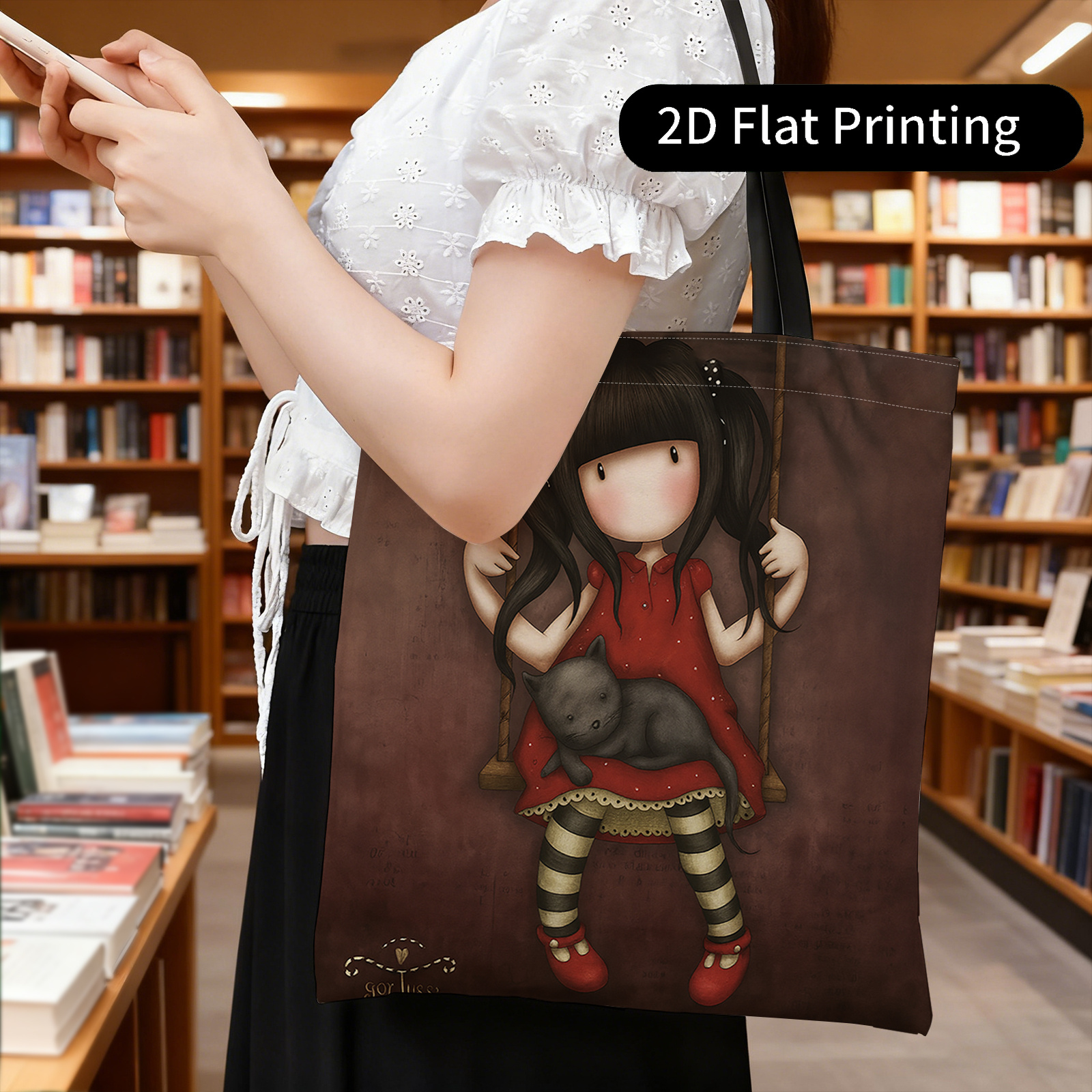 TEMU 1pc Double-sided Printed Handbag, Cat, Swing Portable Shopping Bag, Storage Bag, Shoulder Bag, Multifunctional Tote Bag, No Closure, Durable And