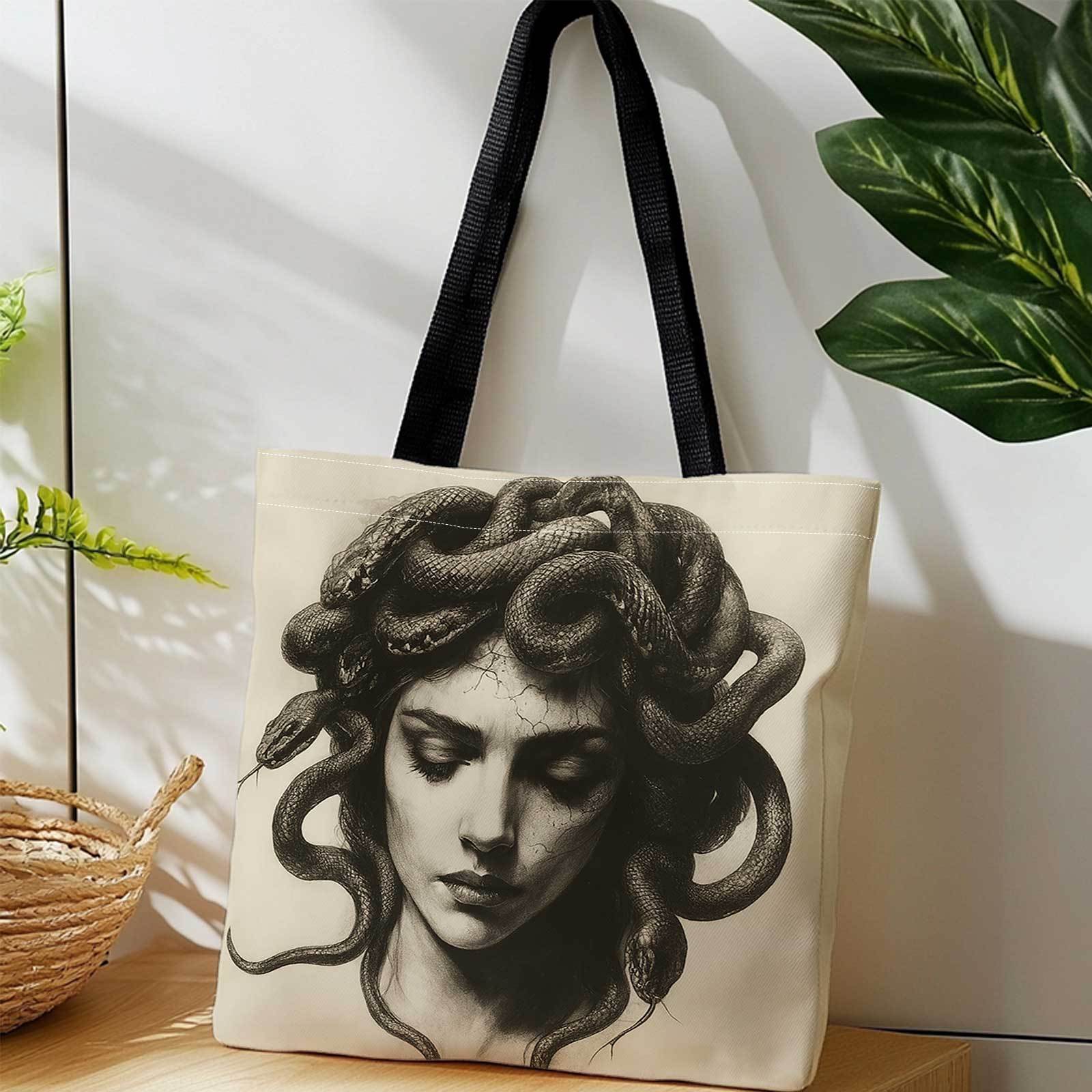 TEMU Double-sided Printed Shopping Tote Bag + Medusa And Serpents Monochrome Illustration + Lightweight Foldable Shoulder Storage Bag, Suitable For