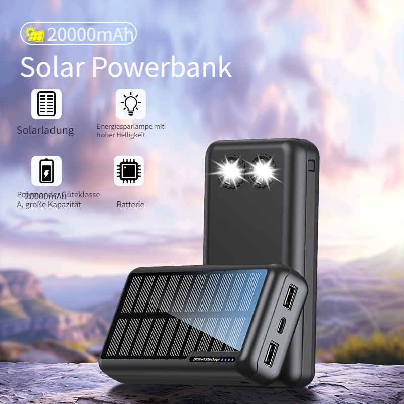 20000 mah solar powerbank mit großem fassungsvermögen, tragbare handy-ladestation, kann mit auf flugzeugen mitgenommen werden, für outdoor-beleuchtung und schnelles aufladen