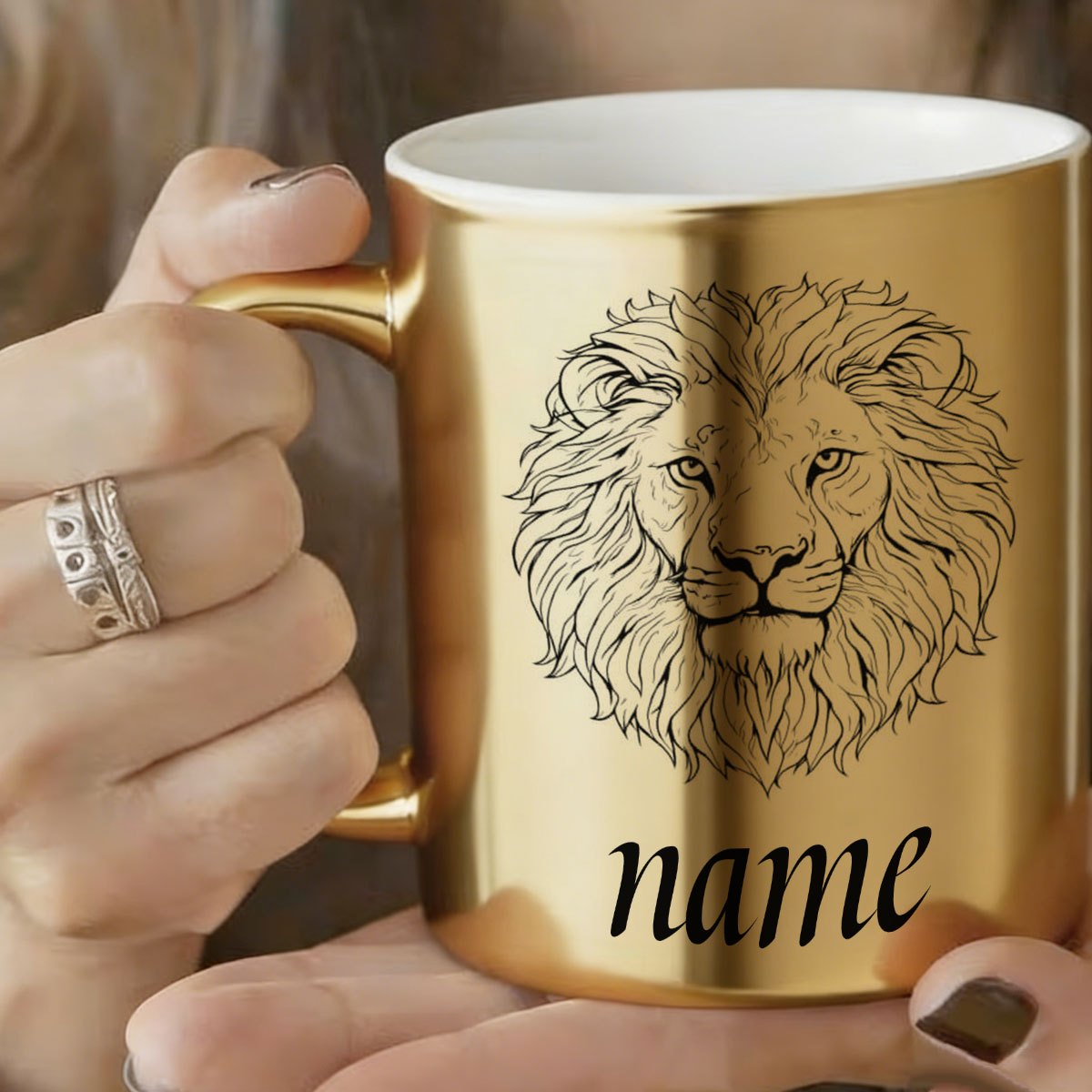 TEMU 1pc Customizable Text Line Drawing Lion Cute Durable Golden Mug, 11oz Printed Pattern Durable Ceramic, Name Customization Coffee Cup, Winter