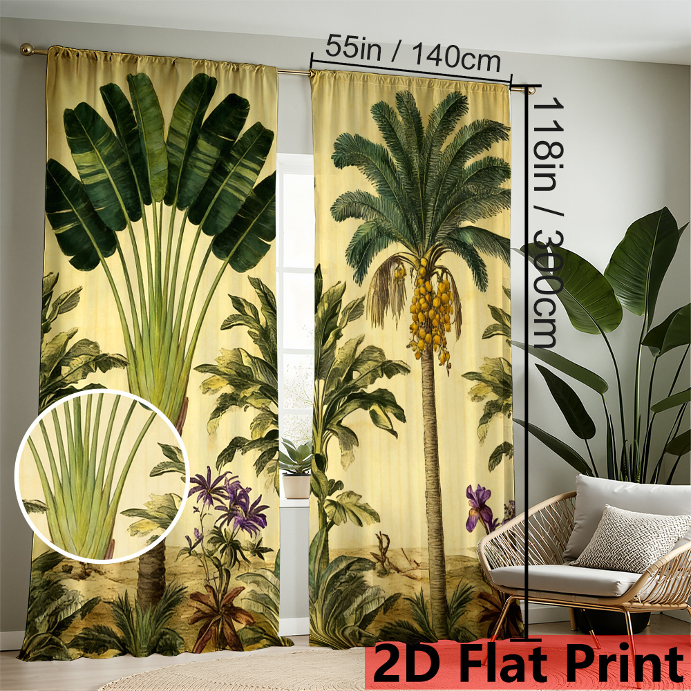 TEMU Juego de cortinas de poliéster con plantas de 1 pieza/2 piezas | Paneles de cortina opaca de palmeras de 55x118 pulgadas, lavables a máquina,