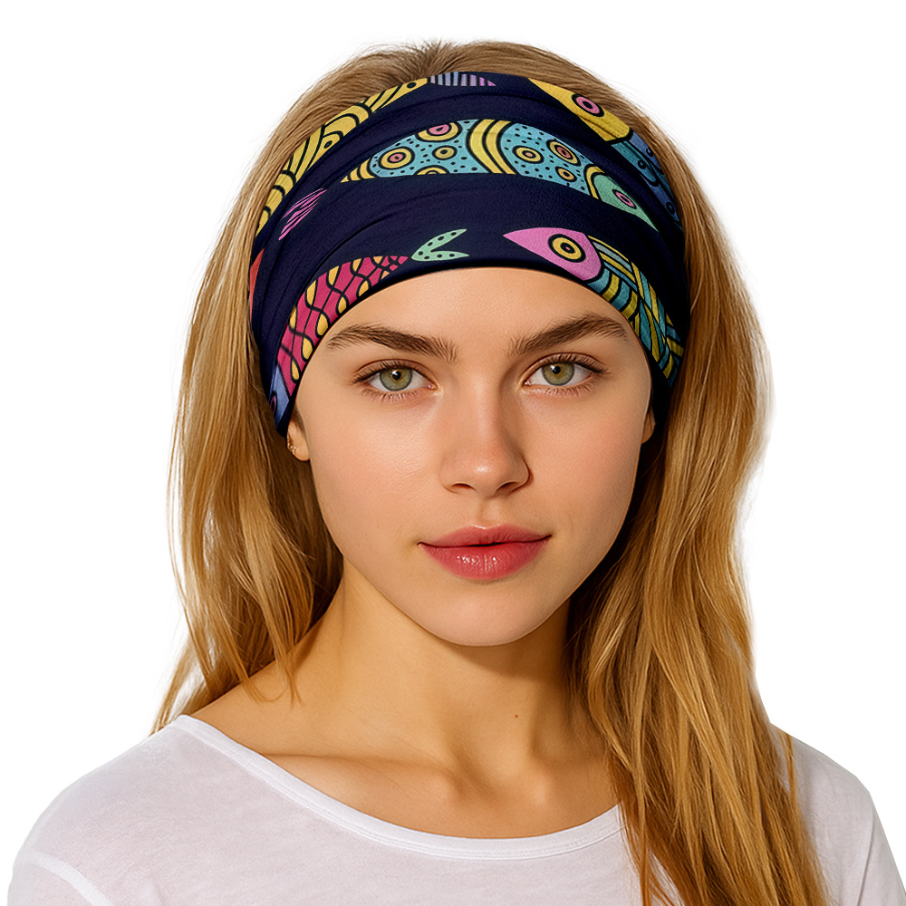 TEMU 1pc Banda Elástica Ancha con Estampado de Peces Coloridos, Tela de Poliéster Transpirable y Absorbente de , Estilo Bandana para Hombres y