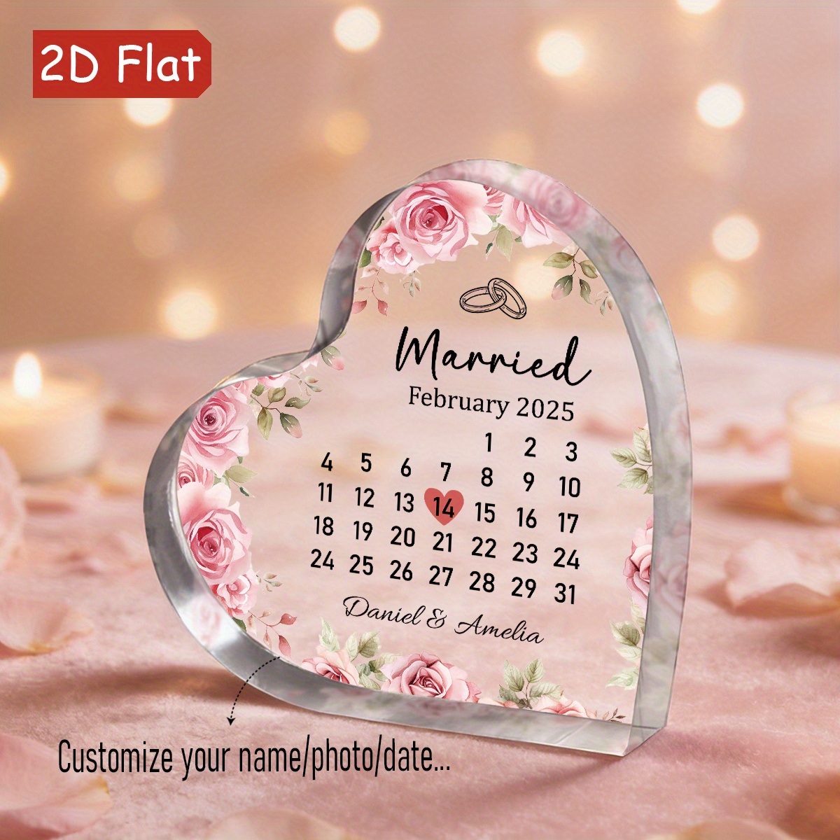 TEMU 2d Flat, Personalized Heart Shaped Acrylic Centerpiece Decorations, Custom Names And Date, Elegant Table Decor, Wedding Decoration, Anniversary