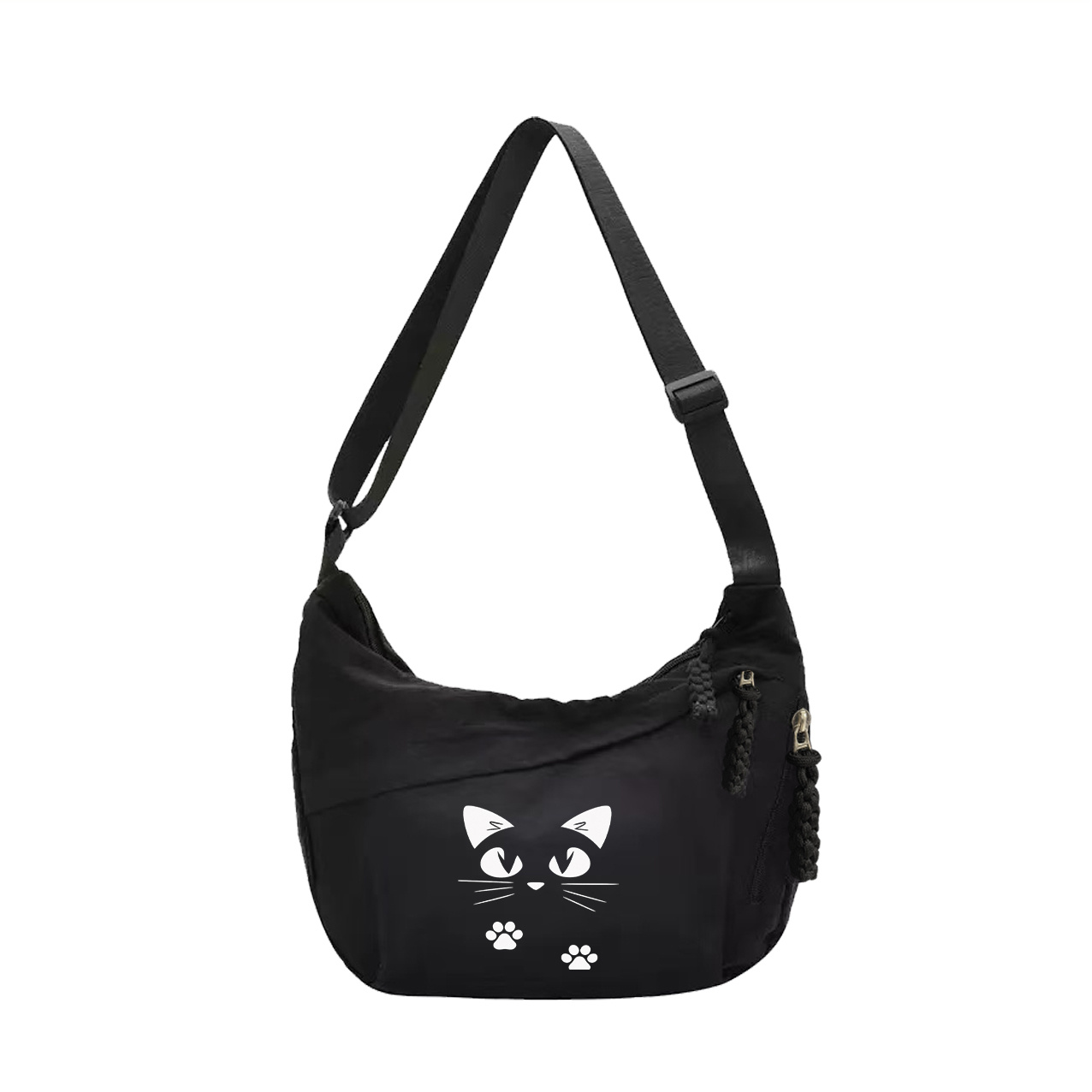 TEMU 1pc Women's Kitten Face & Paw Print Crossbody Bag - Black Nylon With Kitten Face & Paw Print, Adjustable Strap & Zipper Closure, Multi- Handbag
