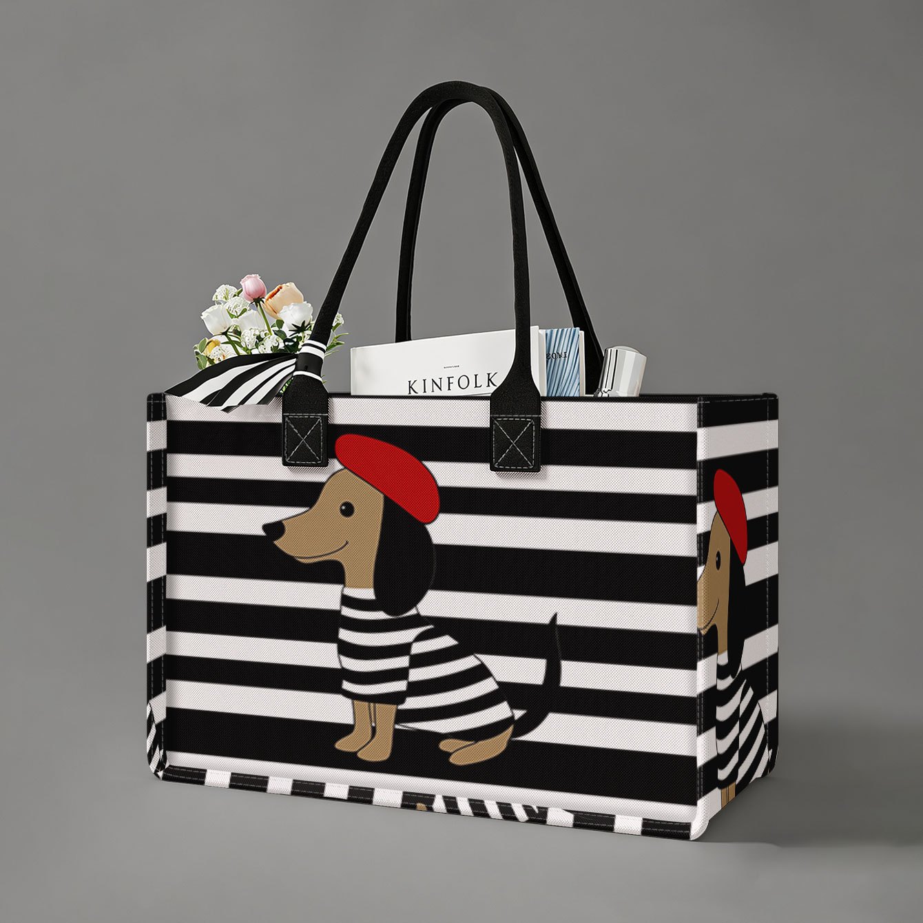 TEMU Sac fourre-tout imprimé en 2D avec motif de chiot rayé, un cadeau pour femmes, idéal sac de plage ou grand sac de courses pour hommes et femmes