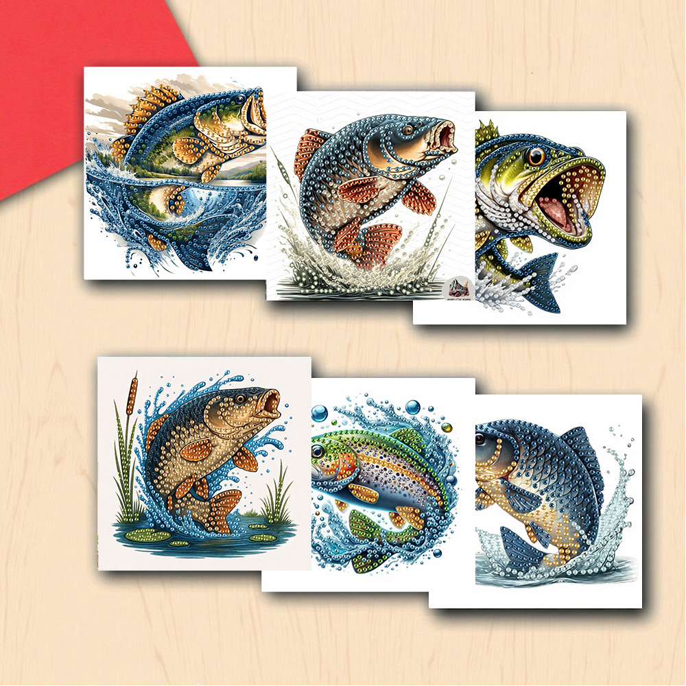 TEMU 6 Cartes d'anniversaire sur le thème des poissons, uniques et , avec motif d'art diamant. Kit de peinture de strass ronds fait main comprenant 6