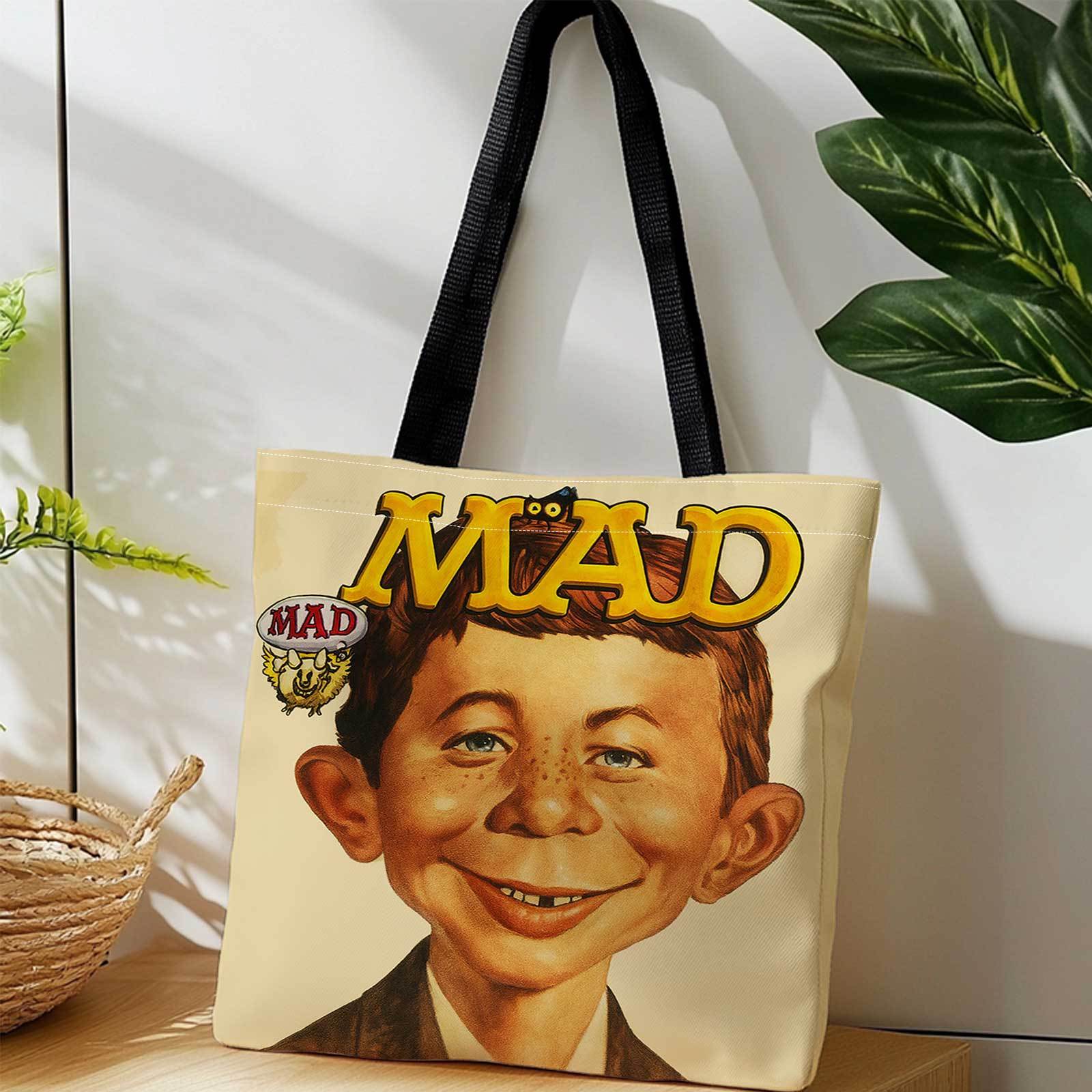 TEMU 1pc, Double-sided Printed Shopping Tote Bag Of A "crazy Magazine" Cover, Humorous And Satirical. Lightweight, Foldable, Reusable Shoulder And