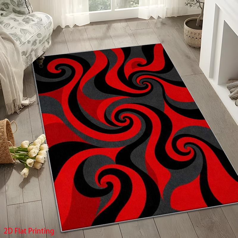 TEMU 1pc 2d Velvet Printed Polyester Rug, To Clean, Non-irritating, Red And Black Swirl Abstract Pattern, Modern Carpet, Suitable For Studio/patio,