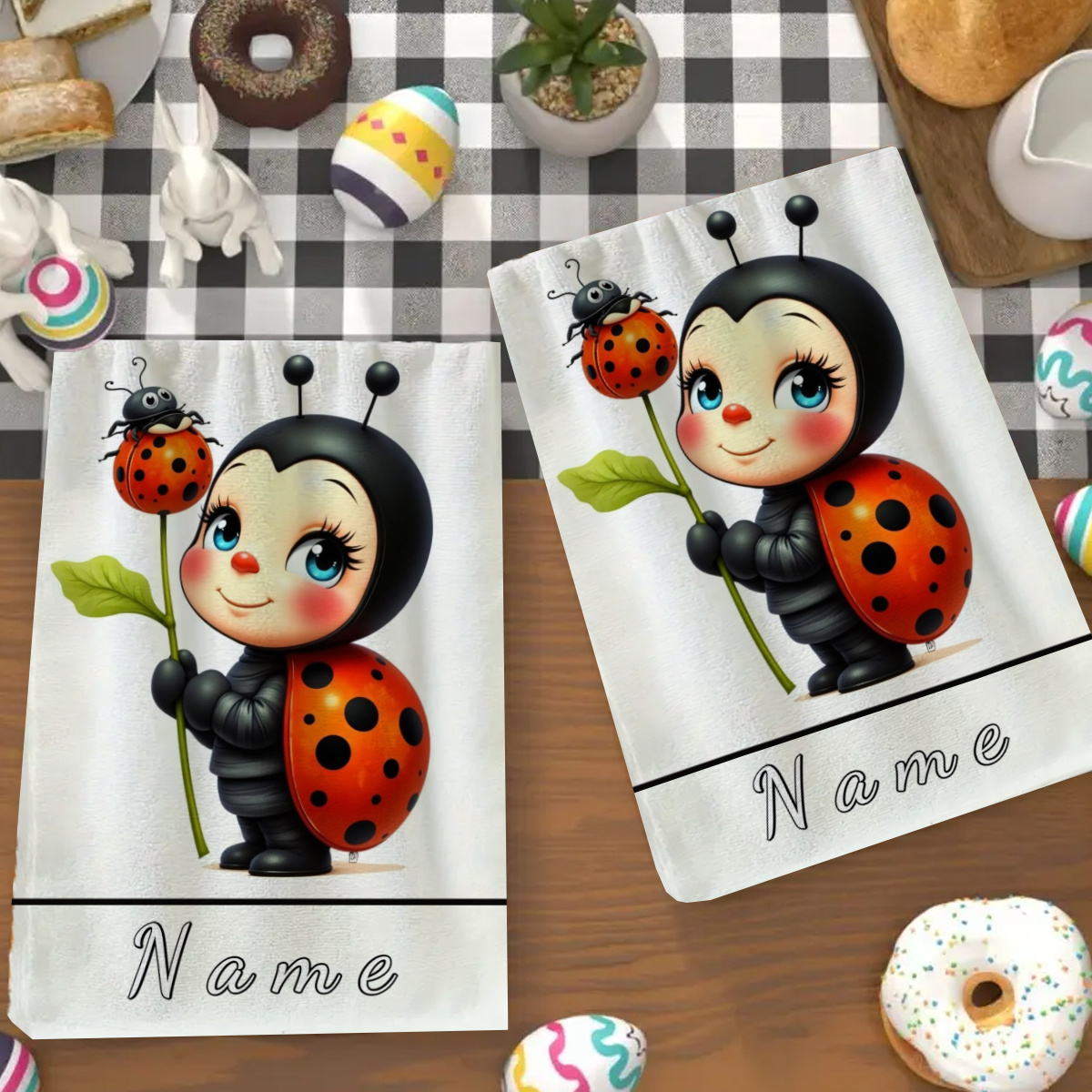 TEMU 1pc, Custom Name Towel, Cartoon Ladybug Pattern Cartoon Anime Hand Towel, Striped Design, Bathroom Towel, Quick-drying Absorbent Towel, Nordic