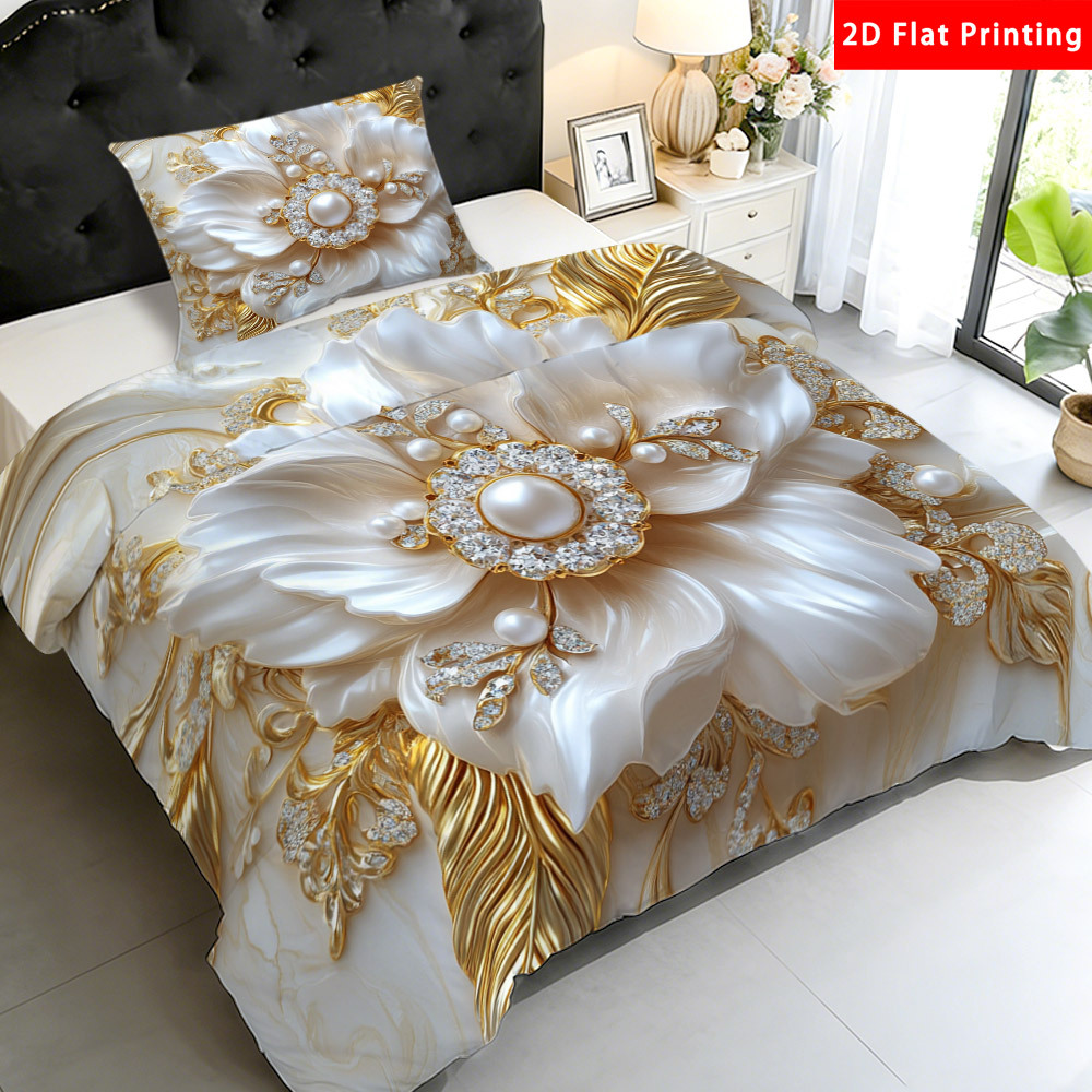 Image of Latacaca 2/3pcs 2d Flat Stylish Floral Duvet Cover Set With Pearl And Diamond Design Luxury Bedding Includes 1 Duvet Cover And 1/2 Pillowcases Sheet Decorative Bedding For Your Bedroom Decor