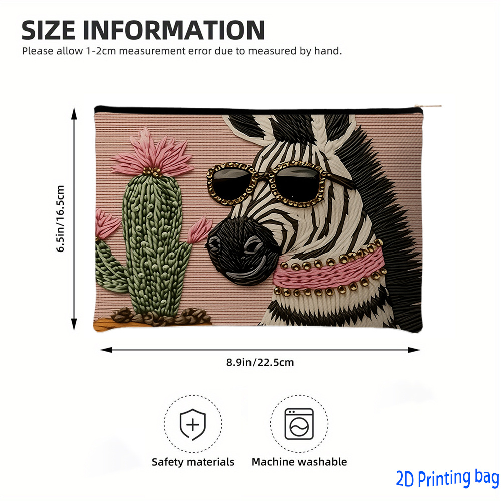 TEMU Bolsa de Maquillaje de Cara con Estampado de Cebra y Cactus con Gafas y Cremallera, Ideal para Viajes y Uso Diario como Neceser, Estuche de
