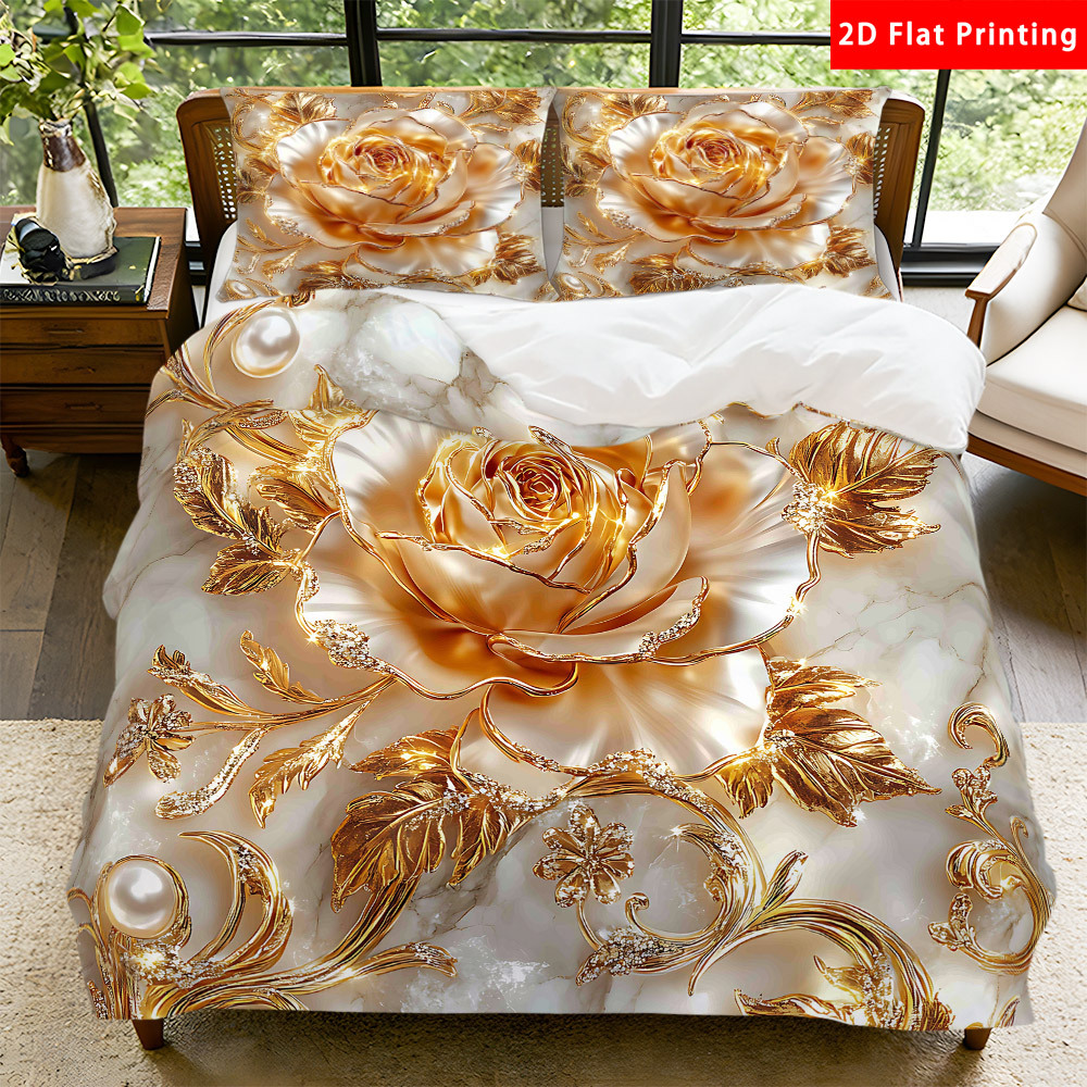 TEMU Latacaca 2/3pcs 2d Flat Luxurious Golden Rose And Leaf Design Duvet Cover Set Stylish Rose Bed Set Includes 1 Duvet Cover   1/2 Pillowcases Chic