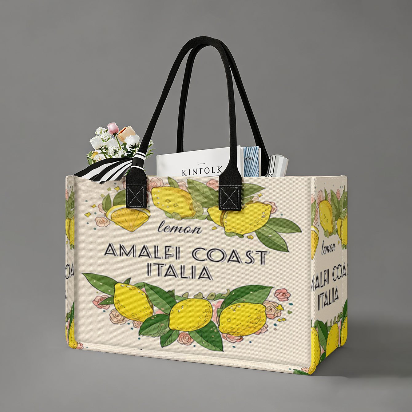 E-shop Tragetasche mit 2D-Druck im Zitronen-Blumenmuster + „Amalfiküste“, Geschenk-Handtasche für Damen, Strandtasche, Einkaufstasche mit großem