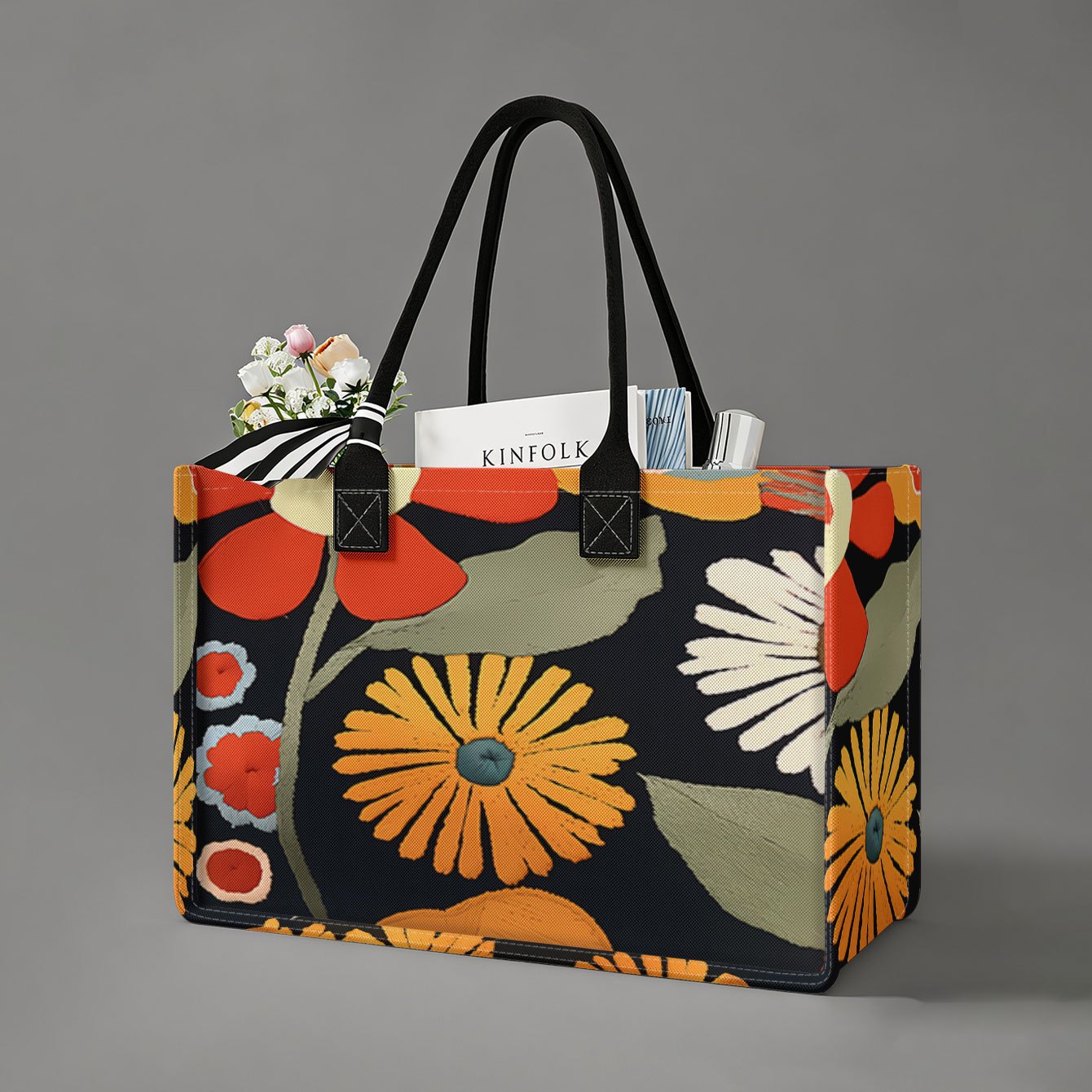 TEMU Multicolor Floral Pattern 2d Printed Tote Bag, Women's Gift Handbag Beach Bag, Large Capacity Shopping Tote Suitable For Men And Women